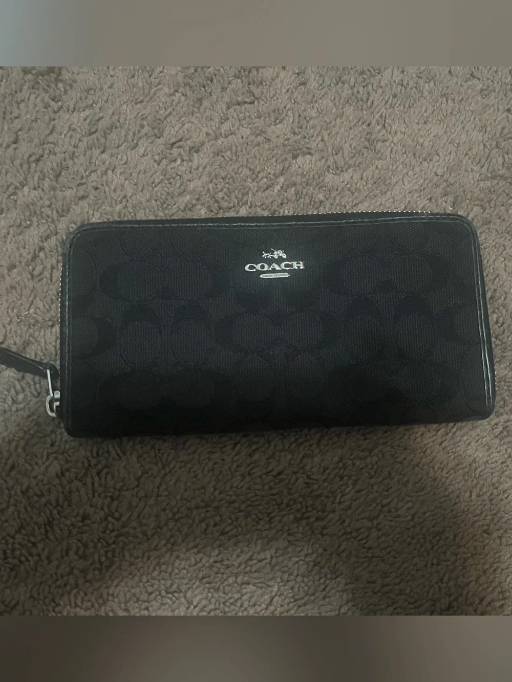 Coach Black Signature Jacquard Zip Wallet with Silver Logo